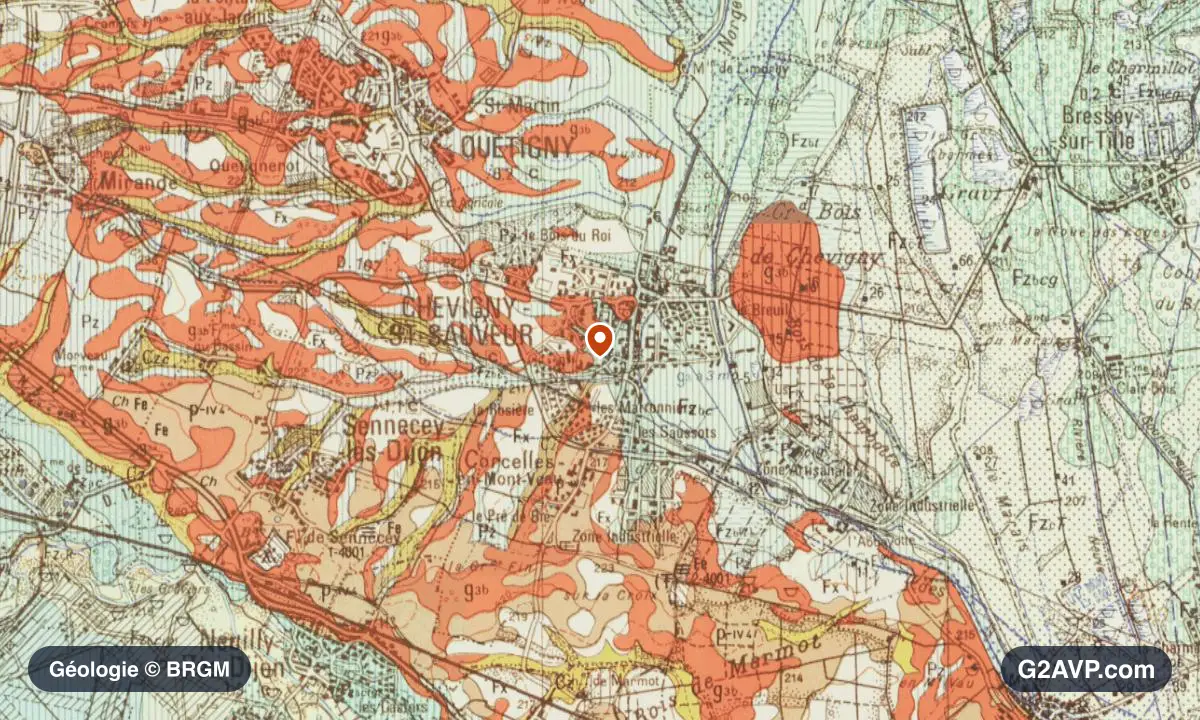 Carte géologique BRGM au 1/50 000 du secteur de Chevigny-Saint-Sauveur : grès en formations dominantes, repère au centre de la commune