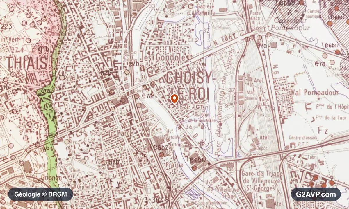 Carte géologique BRGM au 1/50 000 du secteur de Choisy-le-Roi : sables en formations dominantes, repère au centre de la commune