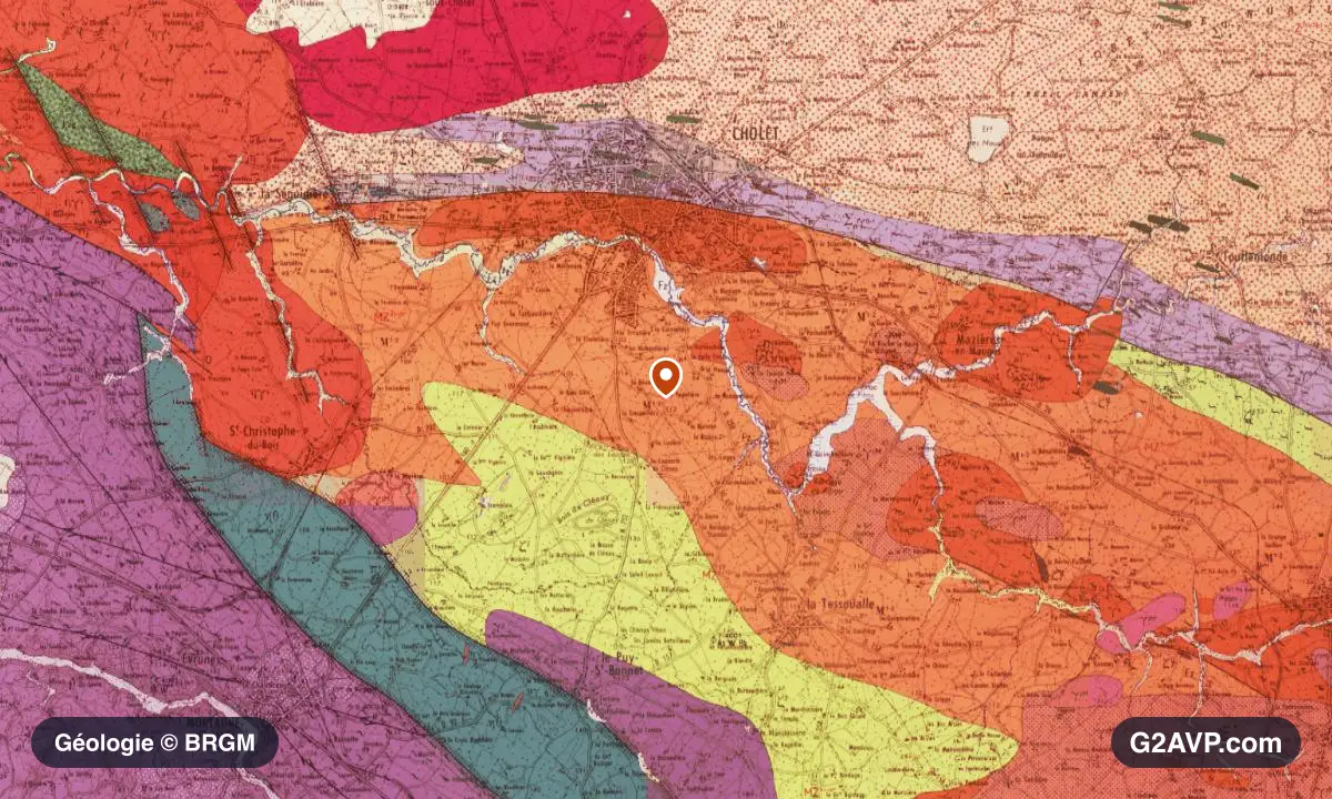 Carte géologique BRGM au 1/50 000 du secteur de Cholet : gneiss en formations dominantes, repère au centre de la commune