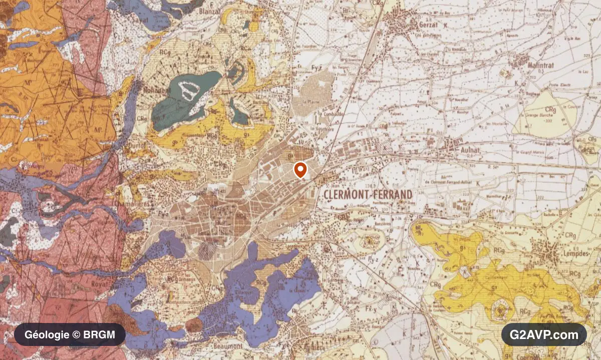 Carte géologique BRGM au 1/50 000 du secteur de Clermont-Ferrand : sables en formations dominantes, repère au centre de la commune