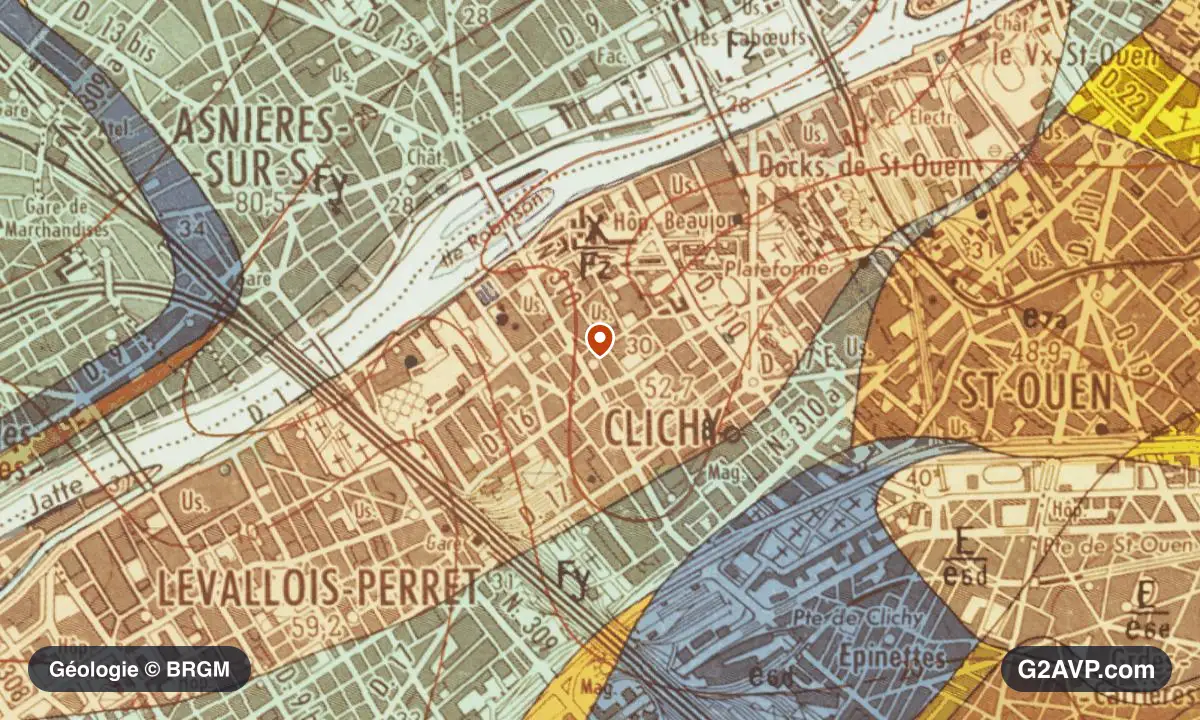 Carte géologique BRGM au 1/50 000 du secteur de Clichy : calcaires, marnes et gypse en formations dominantes, repère au centre de la commune