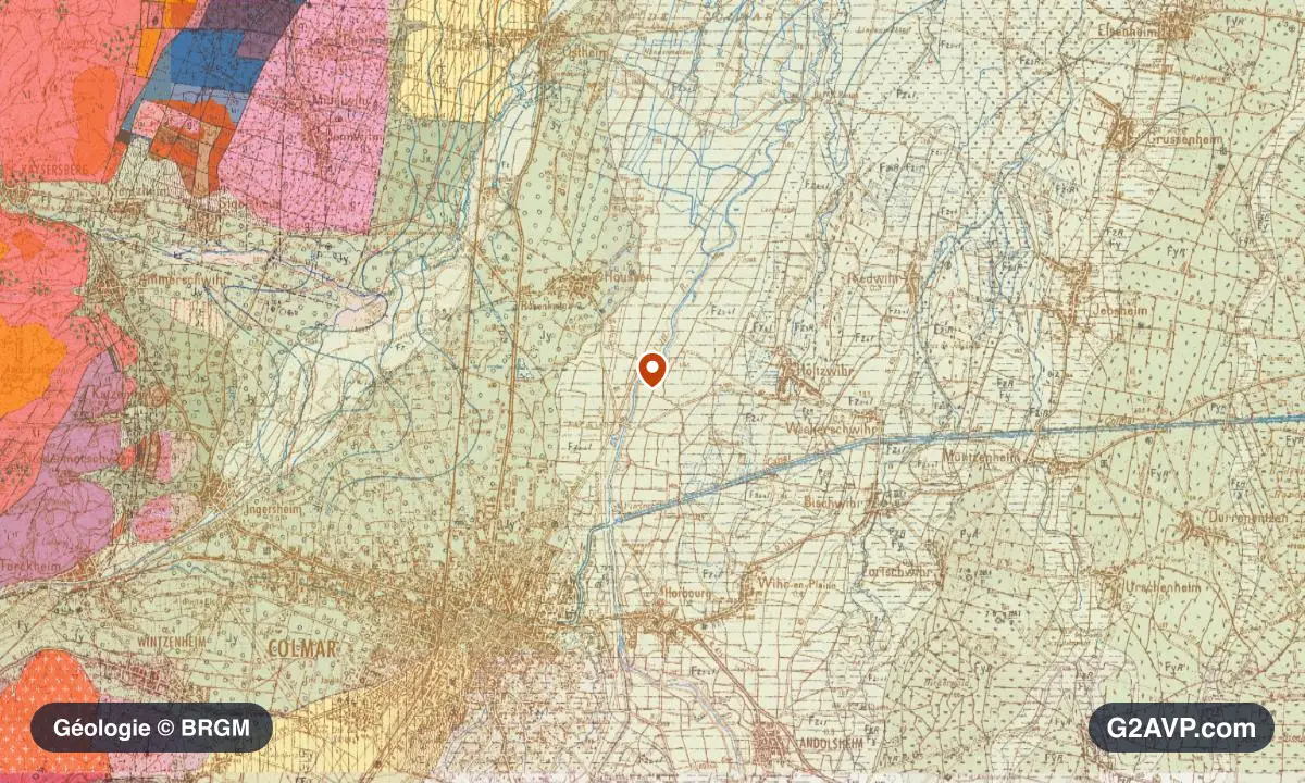 Carte géologique BRGM au 1/50 000 du secteur de Colmar : sables en formations dominantes, repère au centre de la commune