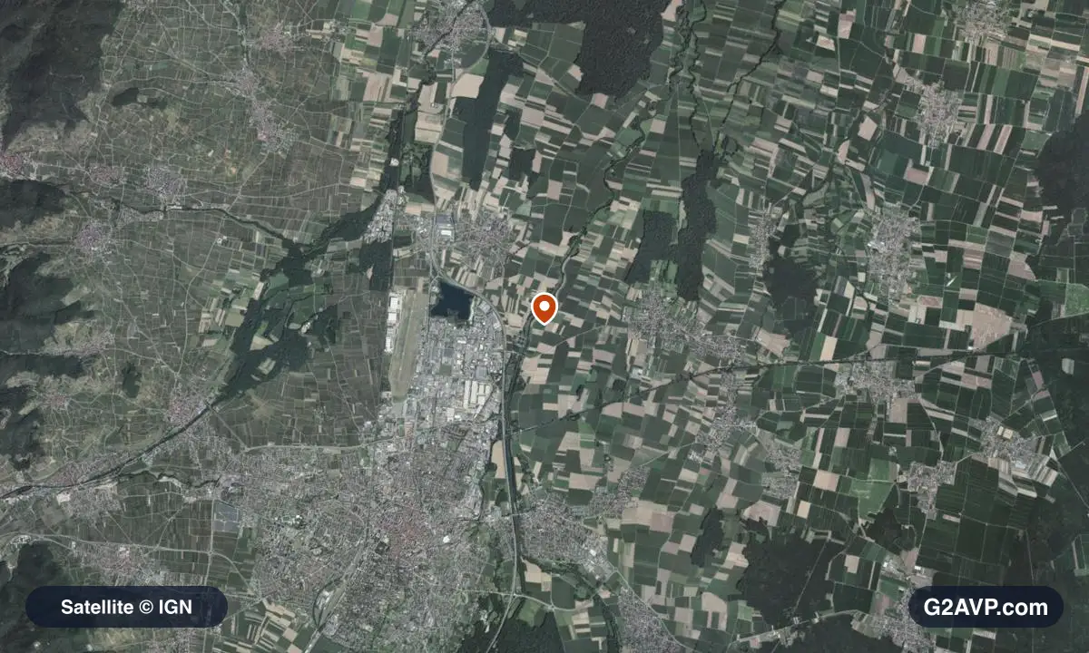 Vue satellite (orthophoto IGN) du secteur de Colmar, même emprise que la carte géologique
