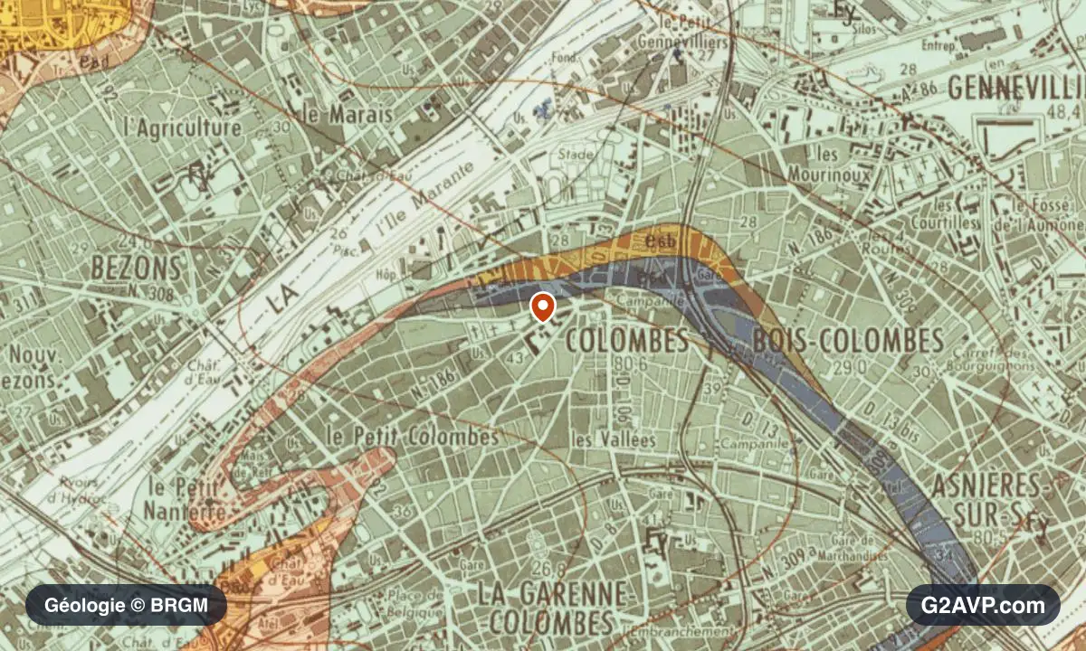 Carte géologique BRGM au 1/50 000 du secteur de Colombes : calcaires, marnes et gypse en formations dominantes, repère au centre de la commune