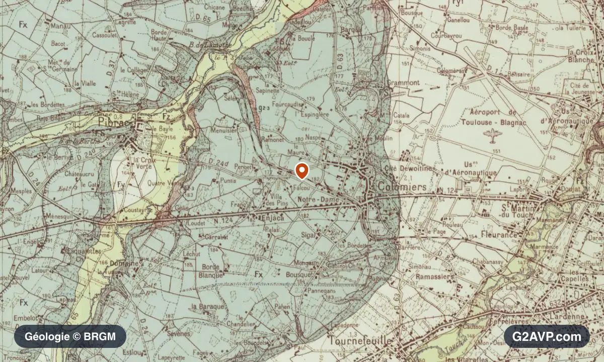 Carte géologique BRGM au 1/50 000 du secteur de Colomiers : argiles en formations dominantes, repère au centre de la commune