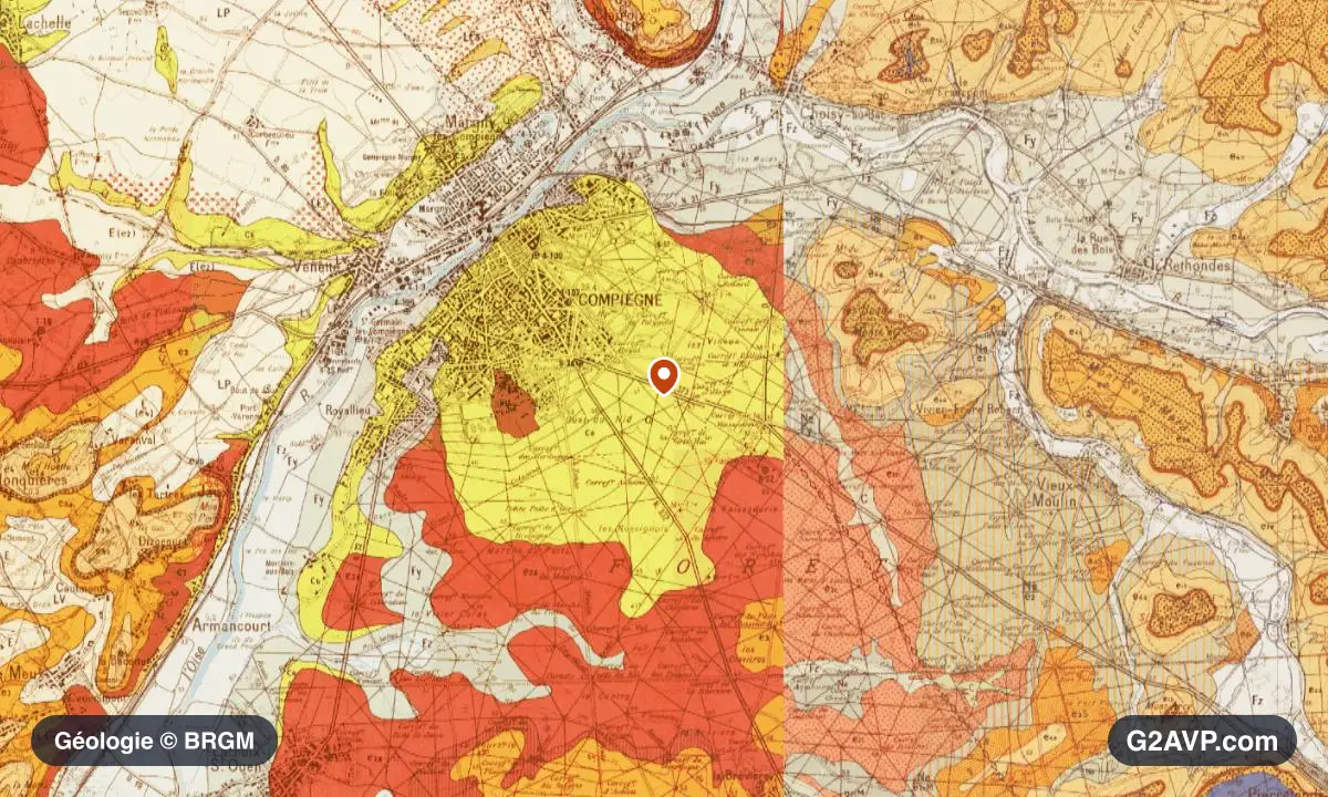 Carte géologique BRGM au 1/50 000 du secteur de Compiègne : sables en formations dominantes, repère au centre de la commune