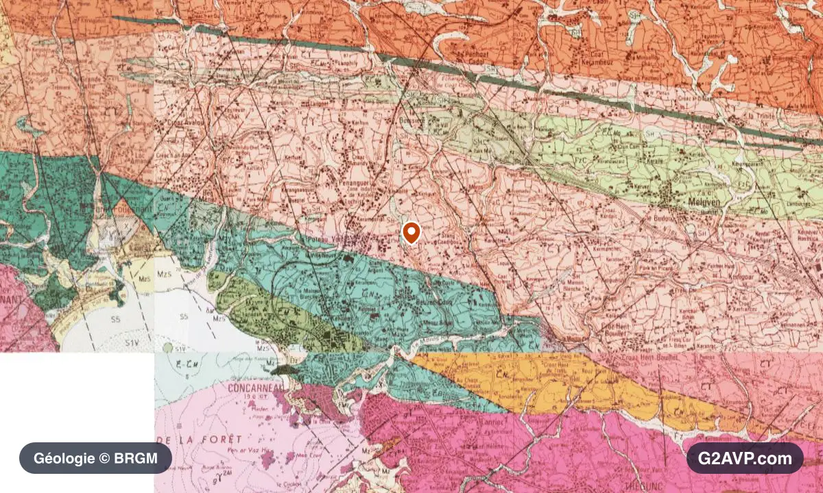 Carte géologique BRGM au 1/50 000 du secteur de Concarneau : micaschistes en formations dominantes, repère au centre de la commune