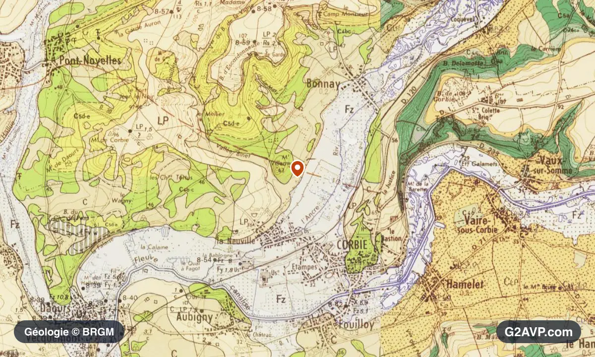 Carte géologique BRGM au 1/50 000 du secteur de Corbie : craie en formations dominantes, repère au centre de la commune