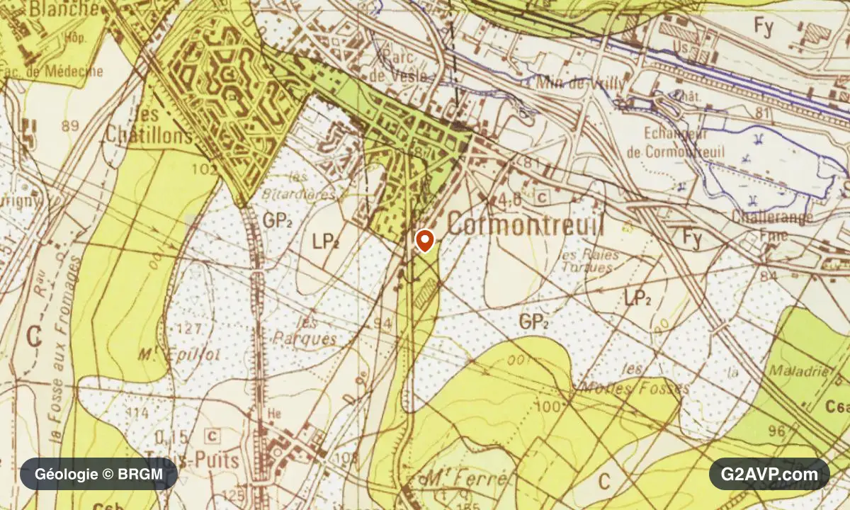 Carte géologique BRGM au 1/50 000 du secteur de Cormontreuil : craie en formations dominantes, repère au centre de la commune