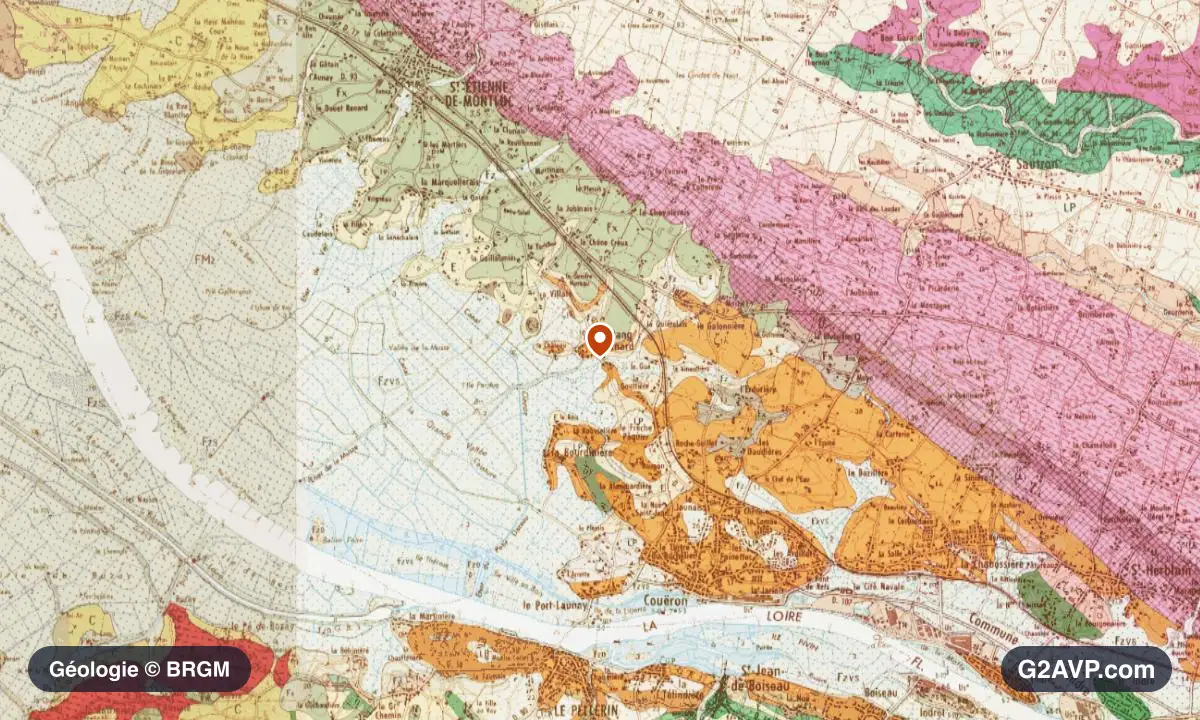 Carte géologique BRGM au 1/50 000 du secteur de Couëron : sables en formations dominantes, repère au centre de la commune