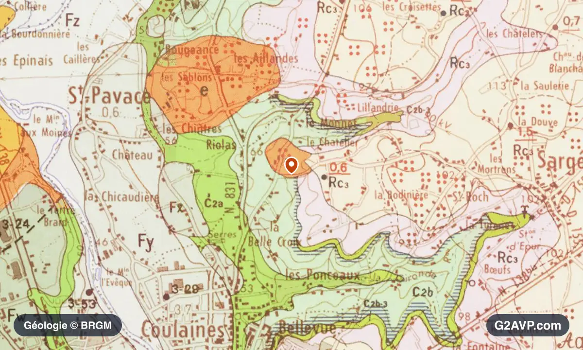 Carte géologique BRGM au 1/50 000 du secteur de Coulaines : craie en formations dominantes, repère au centre de la commune