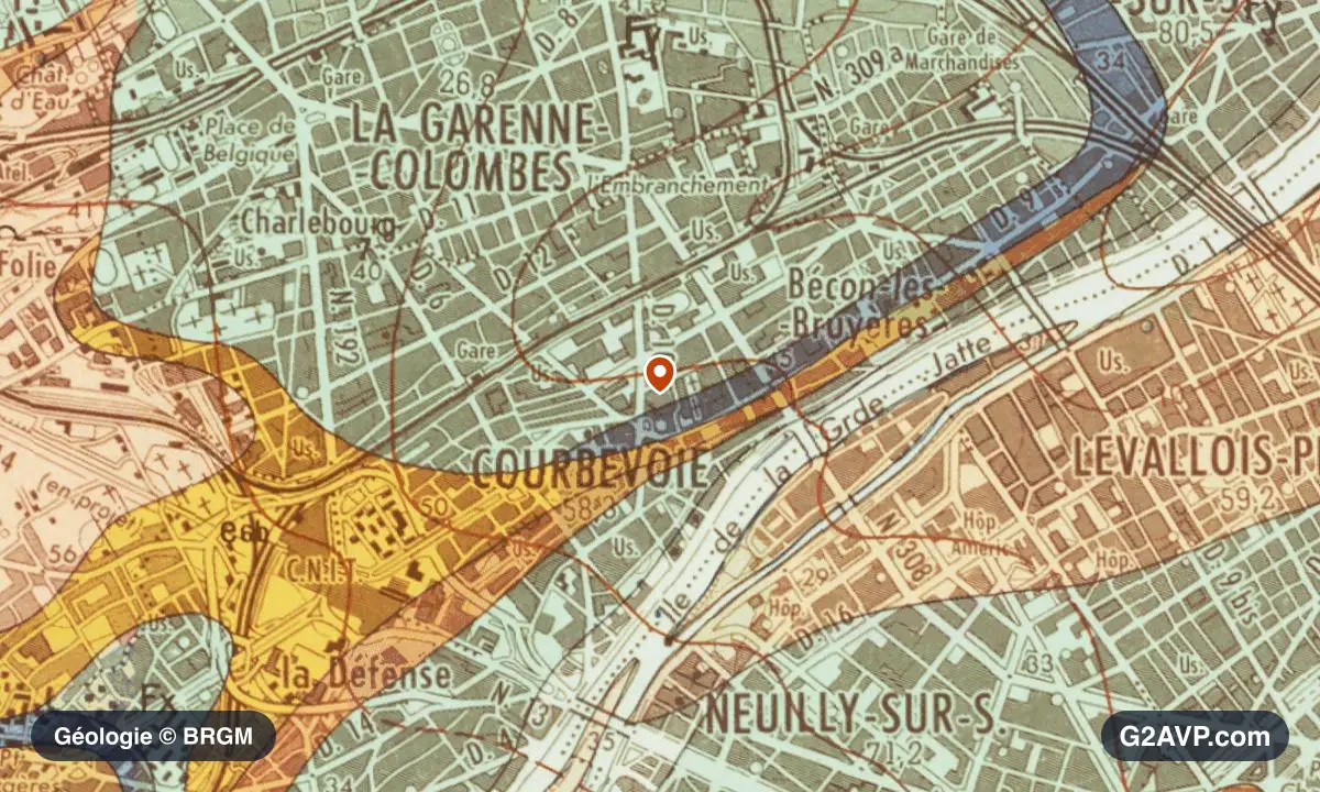 Carte géologique BRGM au 1/50 000 du secteur de Courbevoie : calcaires, marnes et gypse en formations dominantes, repère au centre de la commune