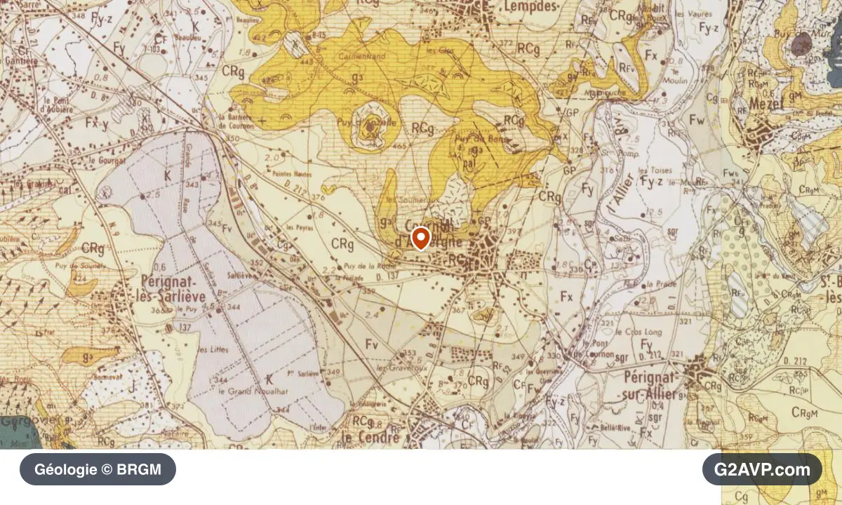 Carte géologique BRGM au 1/50 000 du secteur de Cournon-d'Auvergne : argiles en formations dominantes, repère au centre de la commune