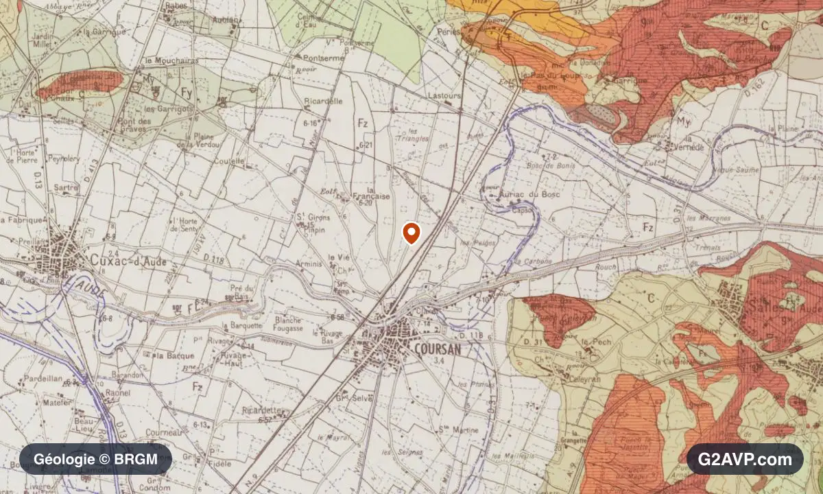 Carte géologique BRGM au 1/50 000 du secteur de Coursan : sables en formations dominantes, repère au centre de la commune