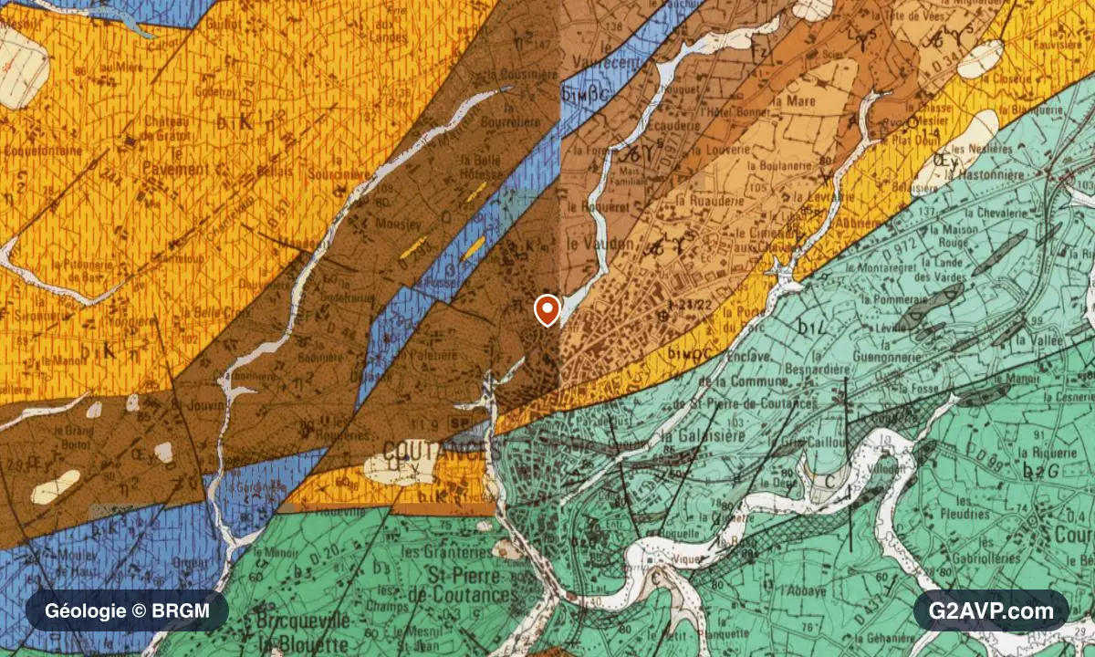 Carte géologique BRGM au 1/50 000 du secteur de Coutances : schistes et grès en formations dominantes, repère au centre de la commune