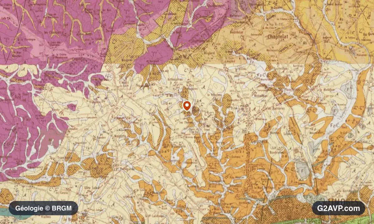 Carte géologique BRGM au 1/50 000 du secteur de Couzeix : gneiss en formations dominantes, repère au centre de la commune