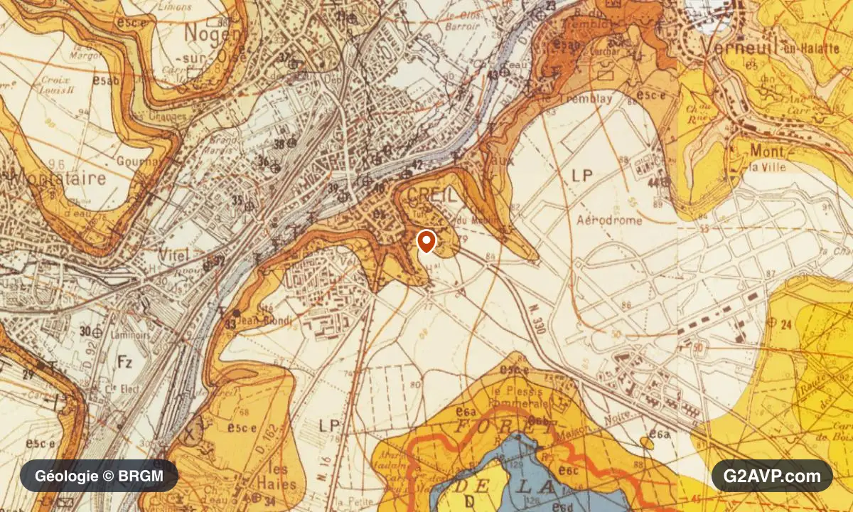 Carte géologique BRGM au 1/50 000 du secteur de Creil : calcaires, marnes et gypse en formations dominantes, repère au centre de la commune