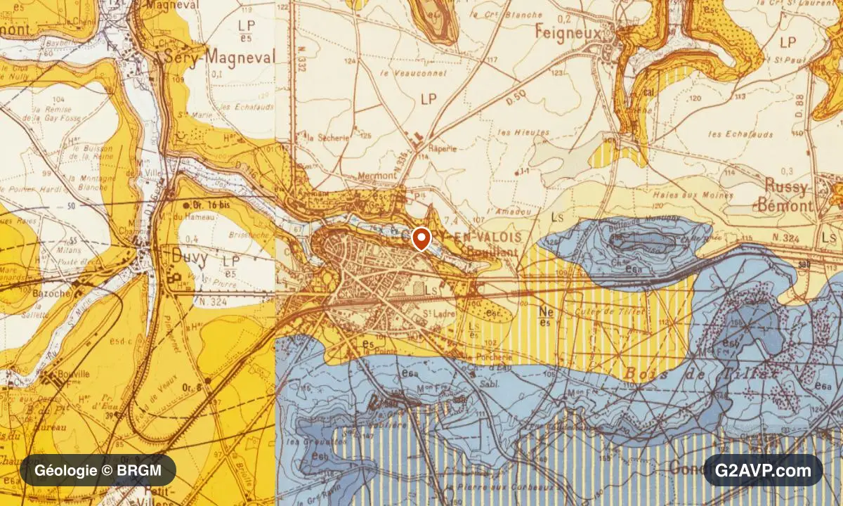 Carte géologique BRGM au 1/50 000 du secteur de Crépy-en-Valois : calcaires, marnes et gypse en formations dominantes, repère au centre de la commune