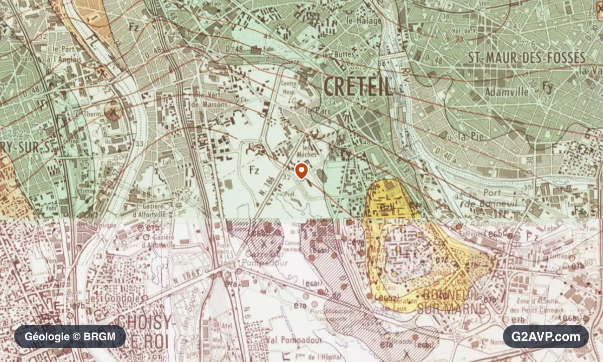 Carte géologique BRGM au 1/50 000 du secteur de Créteil : argiles en formations dominantes, repère au centre de la commune
