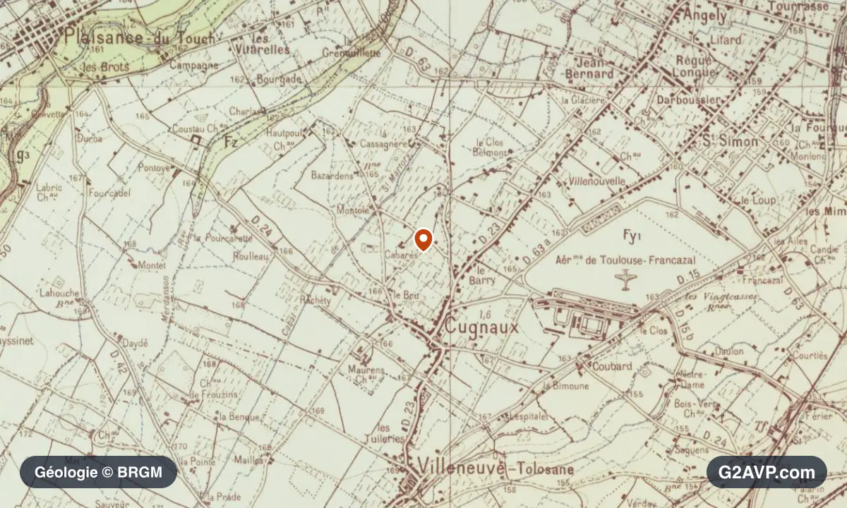 Carte géologique BRGM au 1/50 000 du secteur de Cugnaux : argiles en formations dominantes, repère au centre de la commune