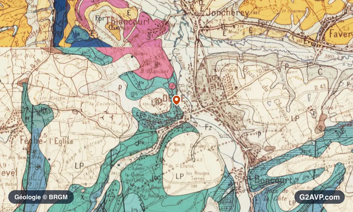 Carte géologique BRGM au 1/50 000 du secteur de Delle : grès en formations dominantes, repère au centre de la commune
