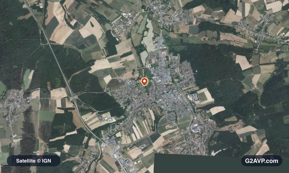 Vue satellite (orthophoto IGN) du secteur de Delle, même emprise que la carte géologique