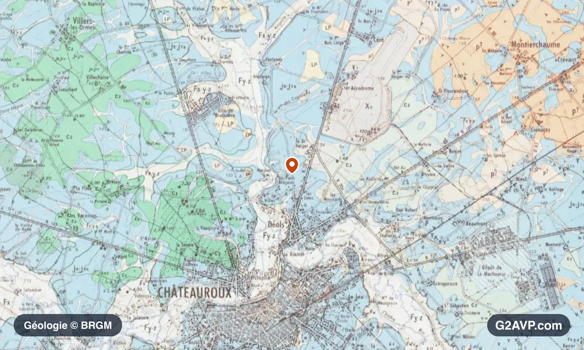 Carte géologique BRGM au 1/50 000 du secteur de Déols : calcaires, marnes et gypse en formations dominantes, repère au centre de la commune