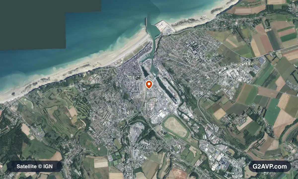 Vue satellite (orthophoto IGN) du secteur de Dieppe, même emprise que la carte géologique