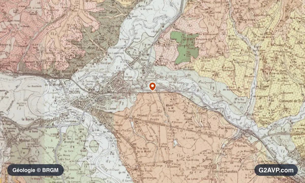 Carte géologique BRGM au 1/50 000 du secteur de Digoin : sables en formations dominantes, repère au centre de la commune