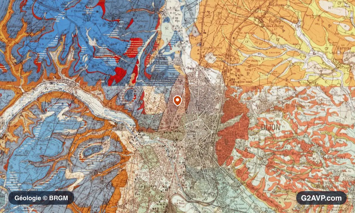 Carte géologique BRGM au 1/50 000 du secteur de Dijon : grès en formations dominantes, repère au centre de la commune