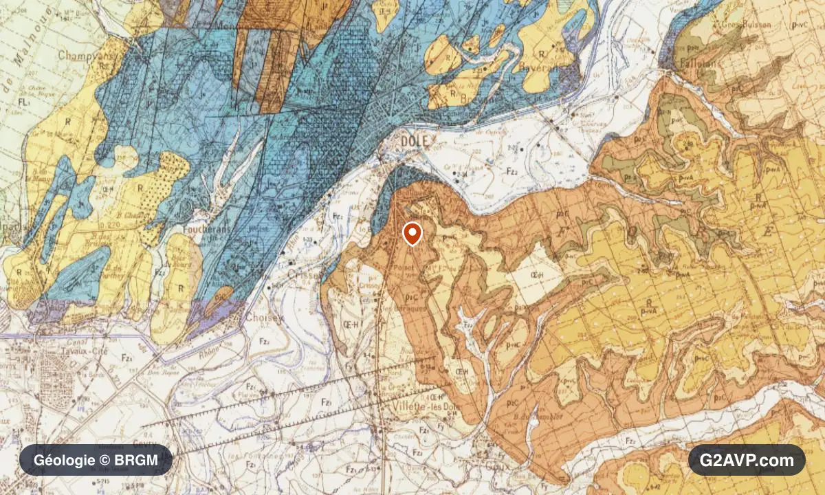 Carte géologique BRGM au 1/50 000 du secteur de Dole : sables en formations dominantes, repère au centre de la commune