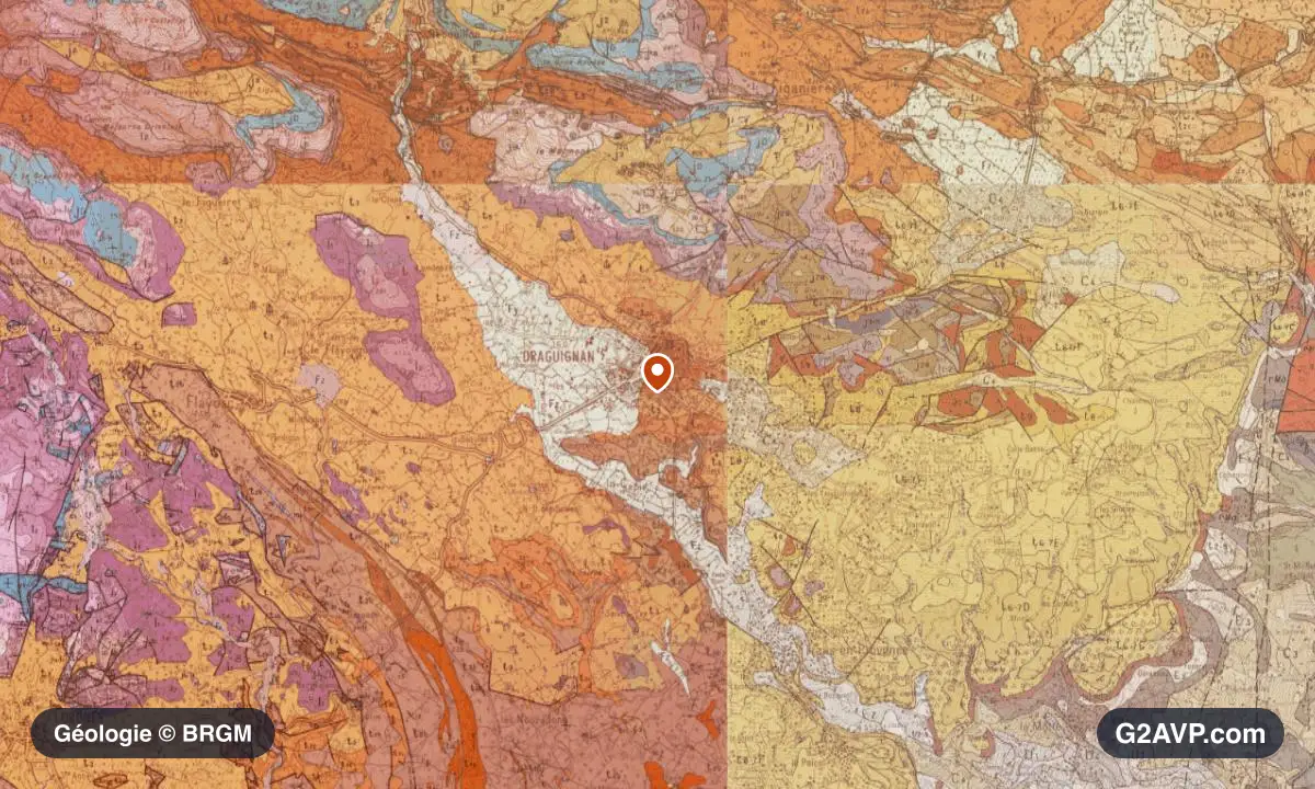 Carte géologique BRGM au 1/50 000 du secteur de Draguignan : calcaires, marnes et gypse en formations dominantes, repère au centre de la commune