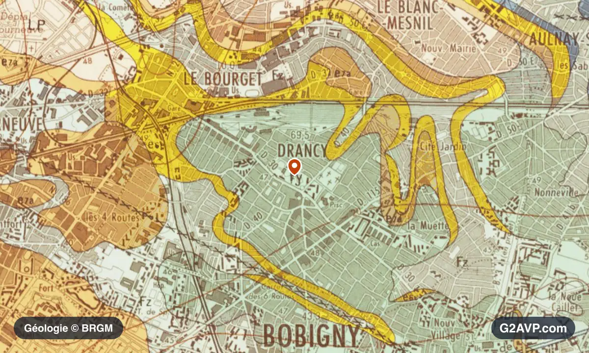 Carte géologique BRGM au 1/50 000 du secteur de Drancy : argiles en formations dominantes, repère au centre de la commune