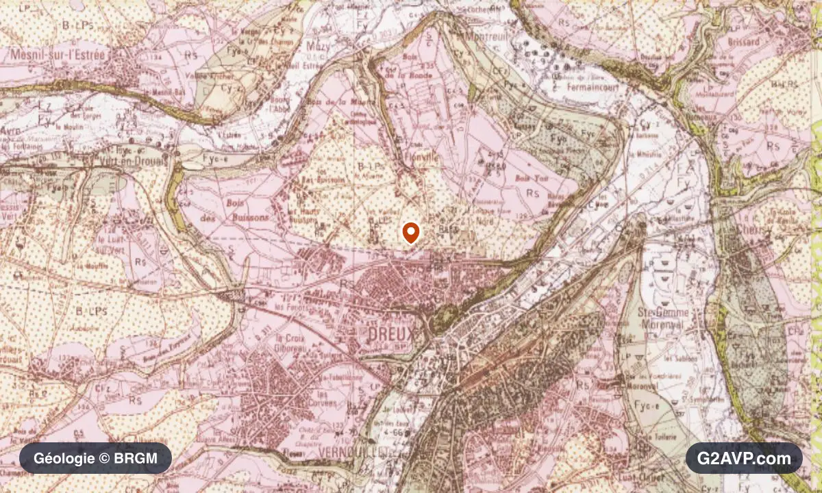 Carte géologique BRGM au 1/50 000 du secteur de Dreux : craie en formations dominantes, repère au centre de la commune
