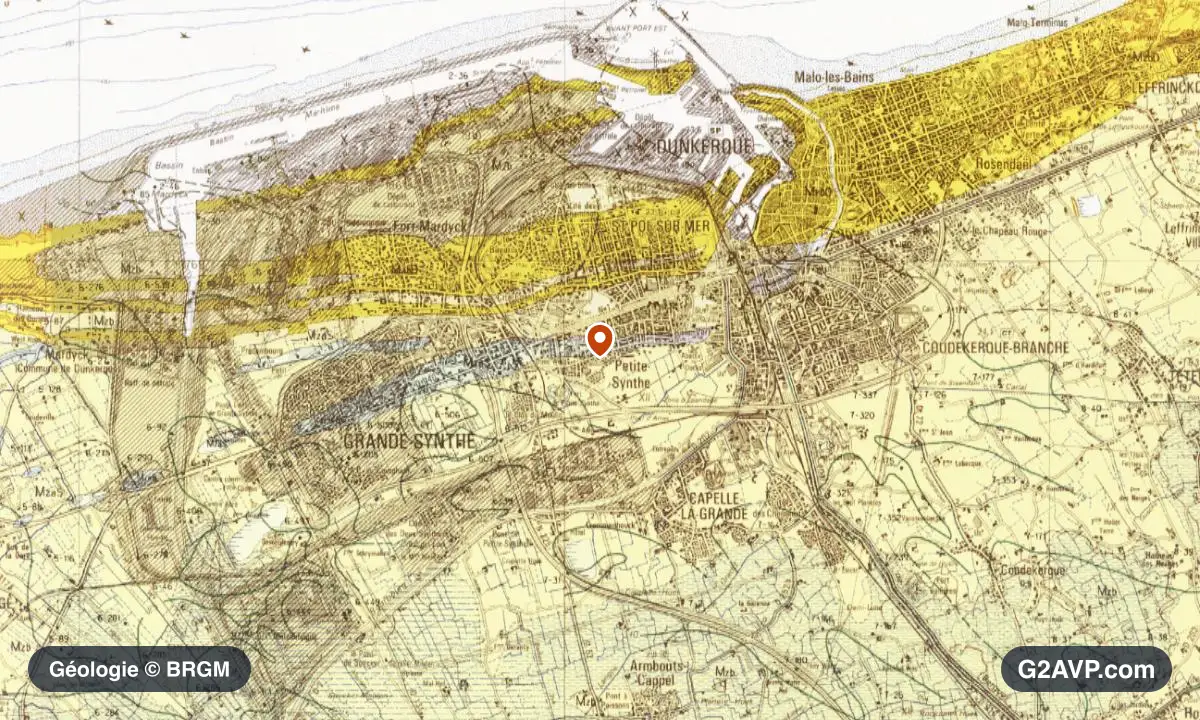 Carte géologique BRGM au 1/50 000 du secteur de Dunkerque : sables en formations dominantes, repère au centre de la commune