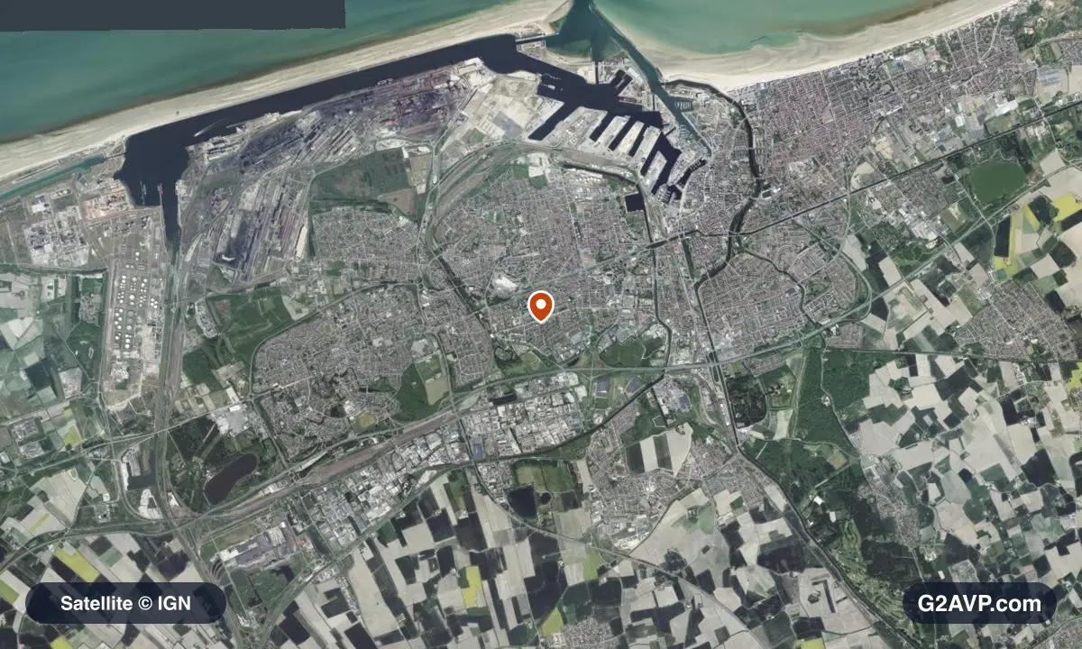 Vue satellite (orthophoto IGN) du secteur de Dunkerque, même emprise que la carte géologique