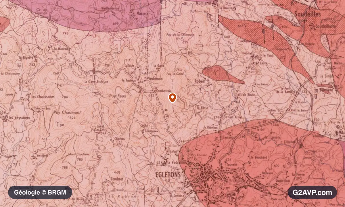 Carte géologique BRGM au 1/50 000 du secteur d'Égletons : granites en formations dominantes, repère au centre de la commune