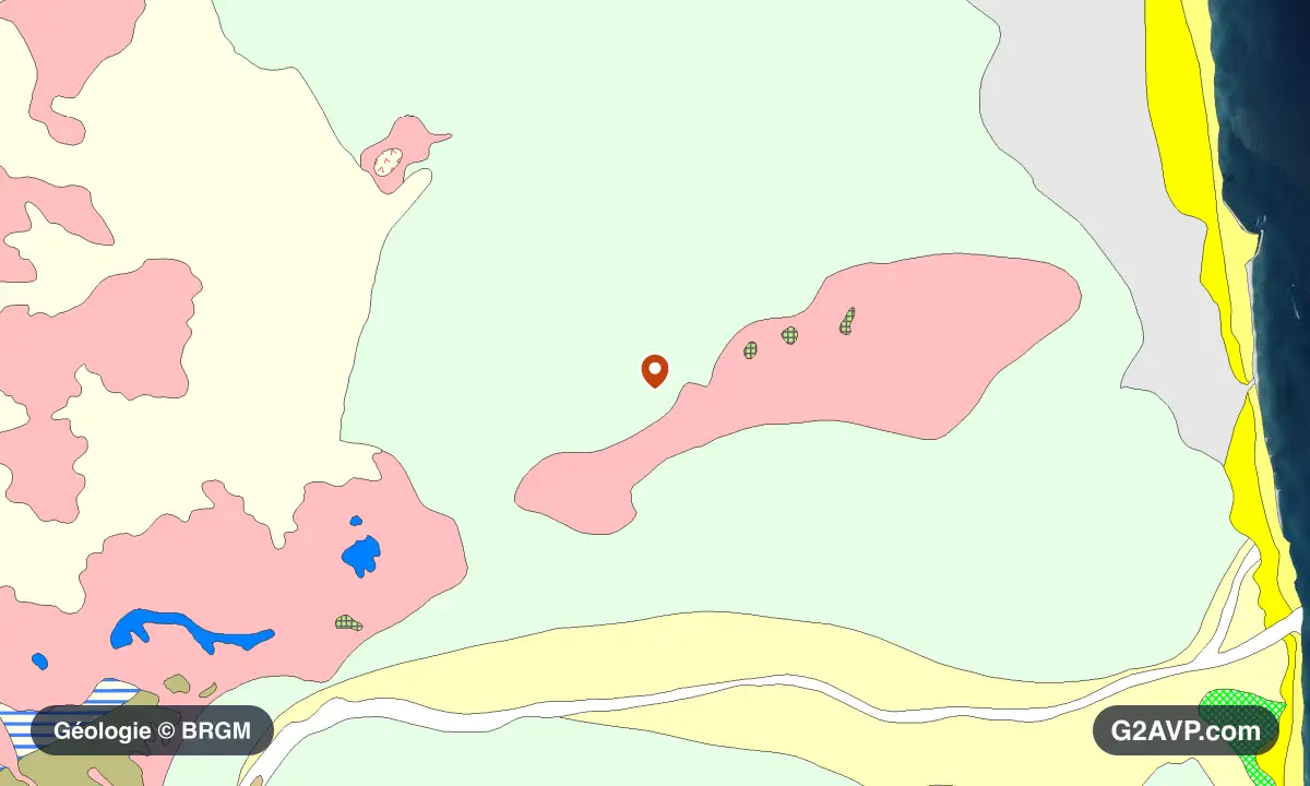 Carte géologique BRGM au 1/50 000 du secteur d'Elne : sables en formations dominantes, repère au centre de la commune