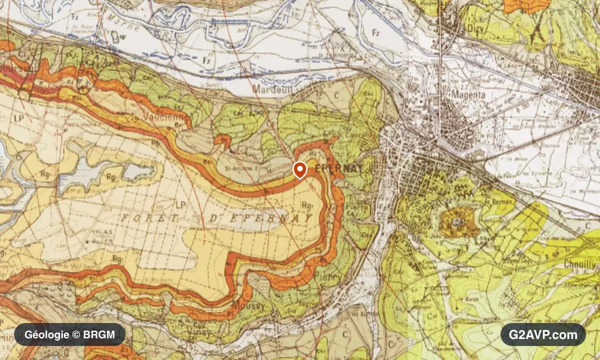 Carte géologique BRGM au 1/50 000 du secteur d'Épernay : craie en formations dominantes, repère au centre de la commune
