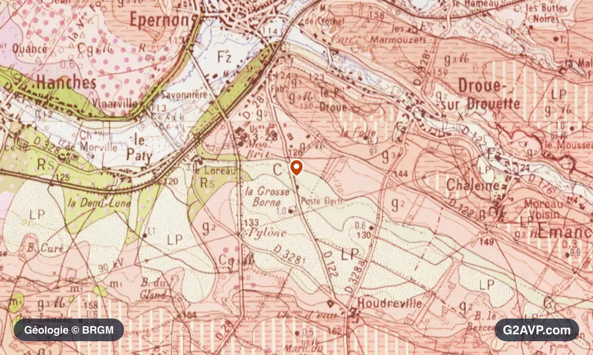 Carte géologique BRGM au 1/50 000 du secteur d'Épernon : calcaires, marnes et gypse en formations dominantes, repère au centre de la commune