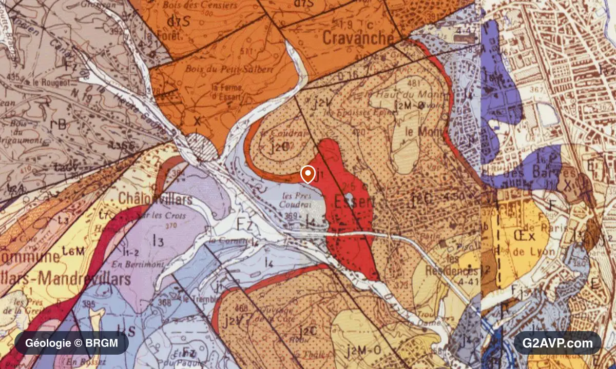 Carte géologique BRGM au 1/50 000 du secteur d'Essert : calcaires, marnes et gypse en formations dominantes, repère au centre de la commune