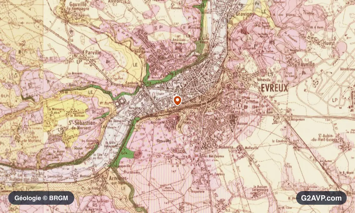 Carte géologique BRGM au 1/50 000 du secteur d'Évreux : argiles en formations dominantes, repère au centre de la commune