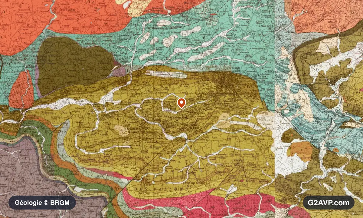 Carte géologique BRGM au 1/50 000 du secteur d'Évron : schistes et grès en formations dominantes, repère au centre de la commune
