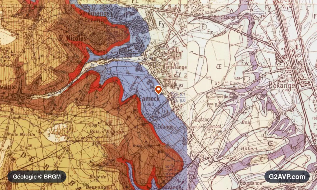 Carte géologique BRGM au 1/50 000 du secteur de Fameck : sables en formations dominantes, repère au centre de la commune