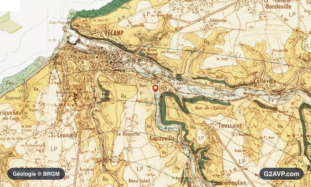 Carte géologique BRGM au 1/50 000 du secteur de Fécamp : craie en formations dominantes, repère au centre de la commune