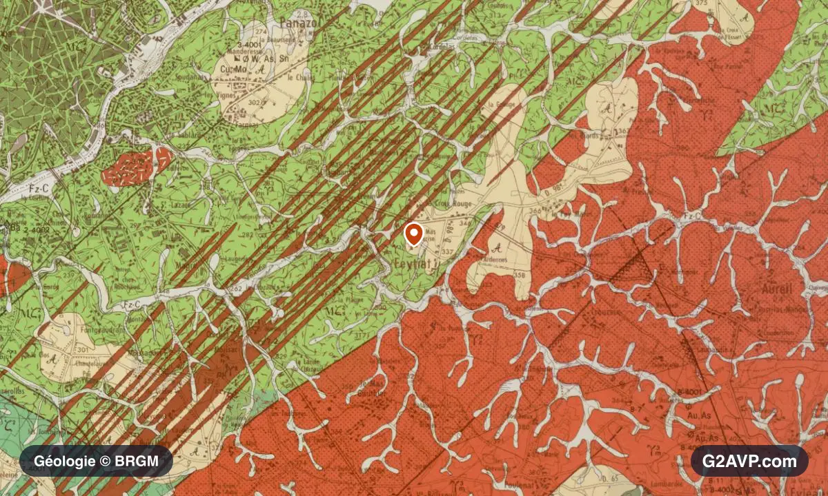Carte géologique BRGM au 1/50 000 du secteur de Feytiat : granites en formations dominantes, repère au centre de la commune