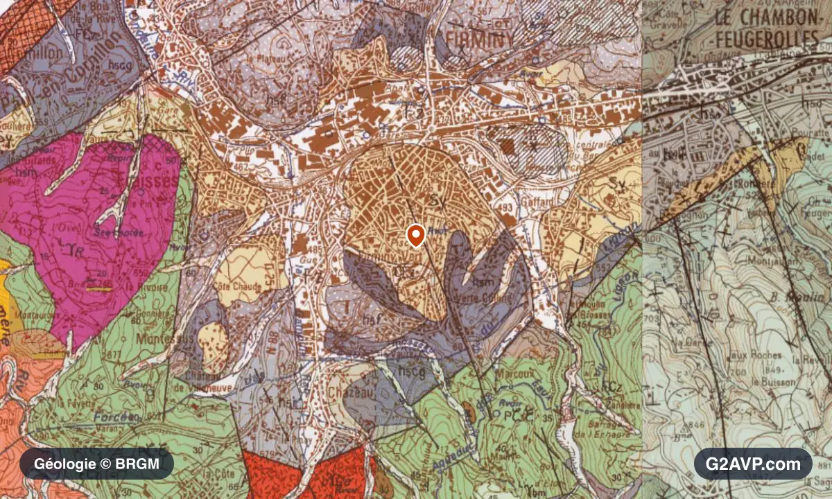 Carte géologique BRGM au 1/50 000 du secteur de Firminy : grès en formations dominantes, repère au centre de la commune
