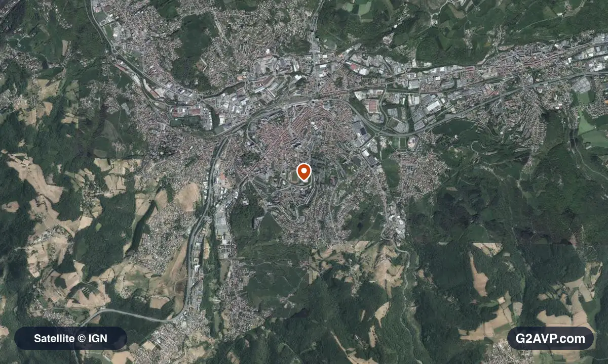 Vue satellite (orthophoto IGN) du secteur de Firminy, même emprise que la carte géologique