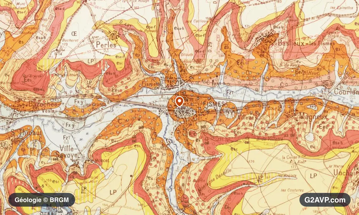 Carte géologique BRGM au 1/50 000 du secteur de Fismes : sables en formations dominantes, repère au centre de la commune