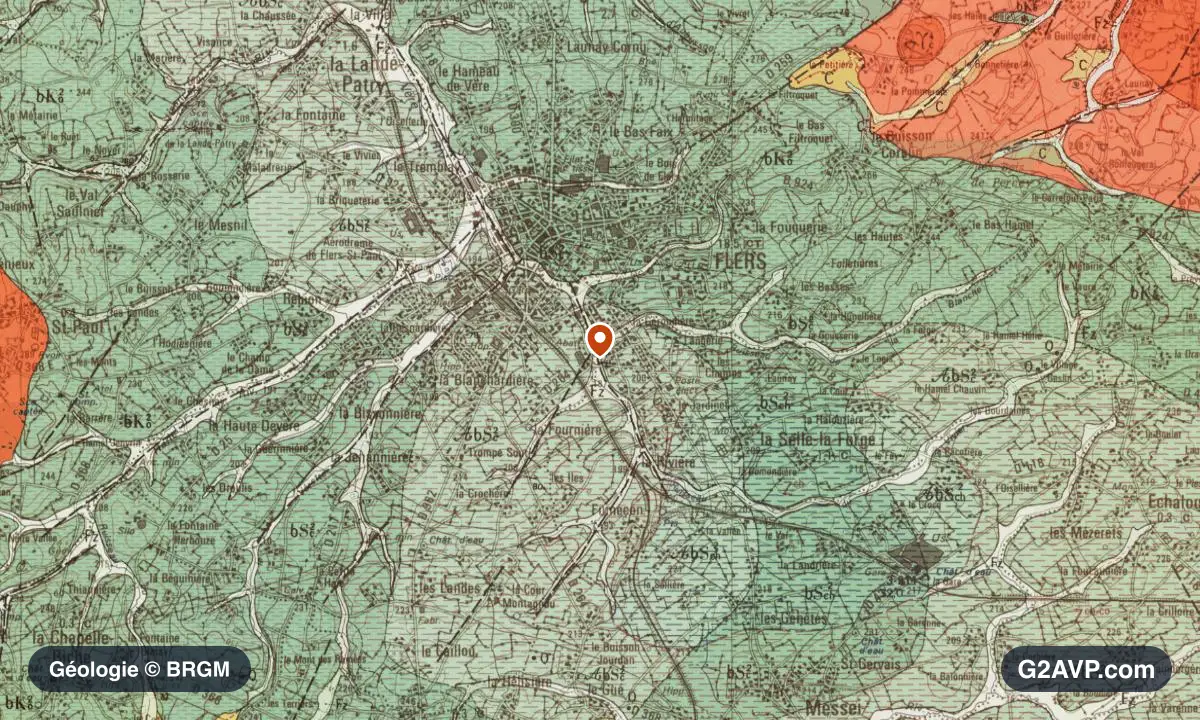 Carte géologique BRGM au 1/50 000 du secteur de Flers : schistes et grès en formations dominantes, repère au centre de la commune